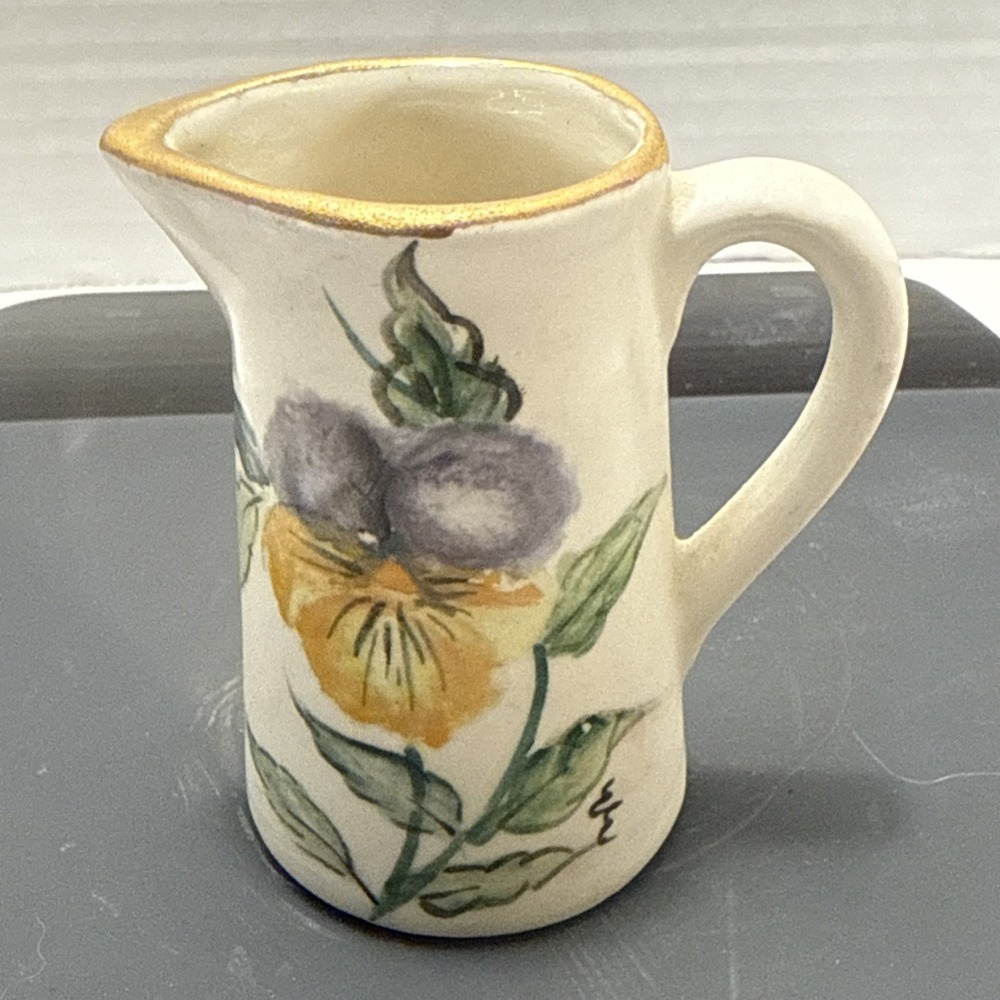 Vintage Hand Painted Floral Miniature Pitcher With‎ Gold Rim
